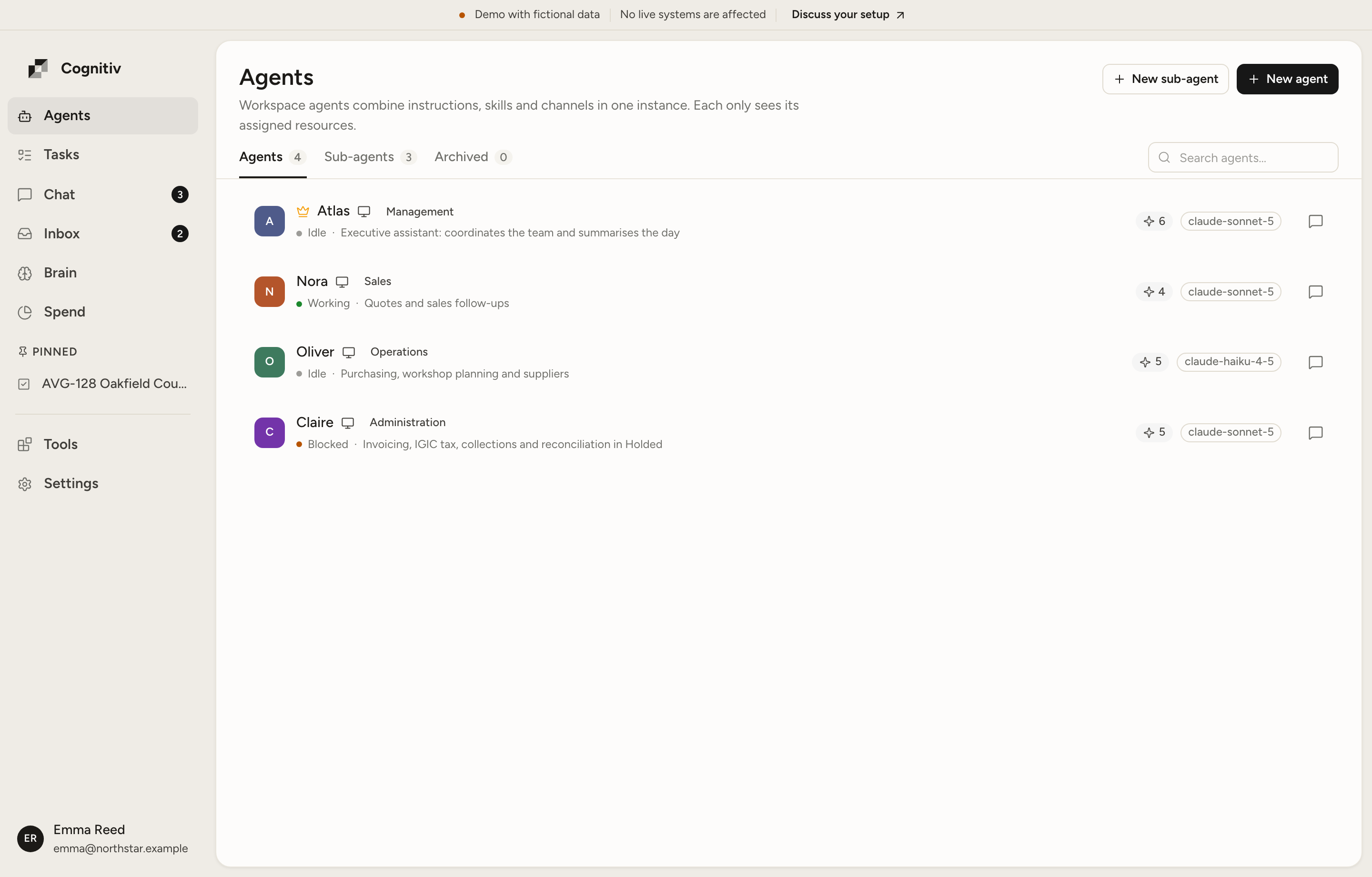 Cognitiv Agents workspace with agent roles, activity, and assigned work