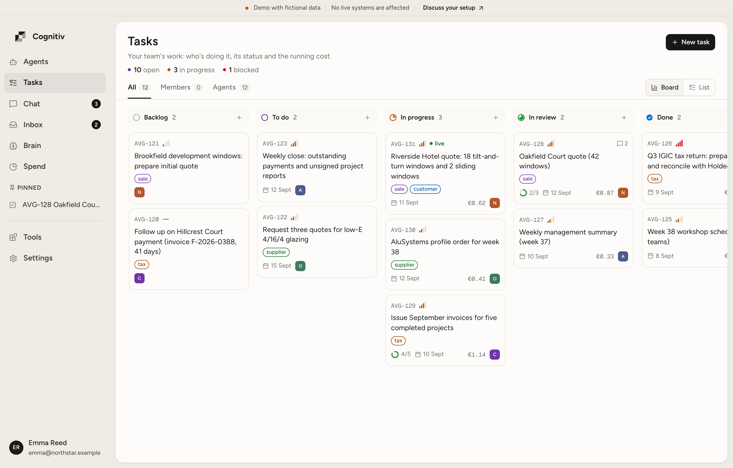 Cognitiv task workspace with agents, owners, statuses, and recurring work