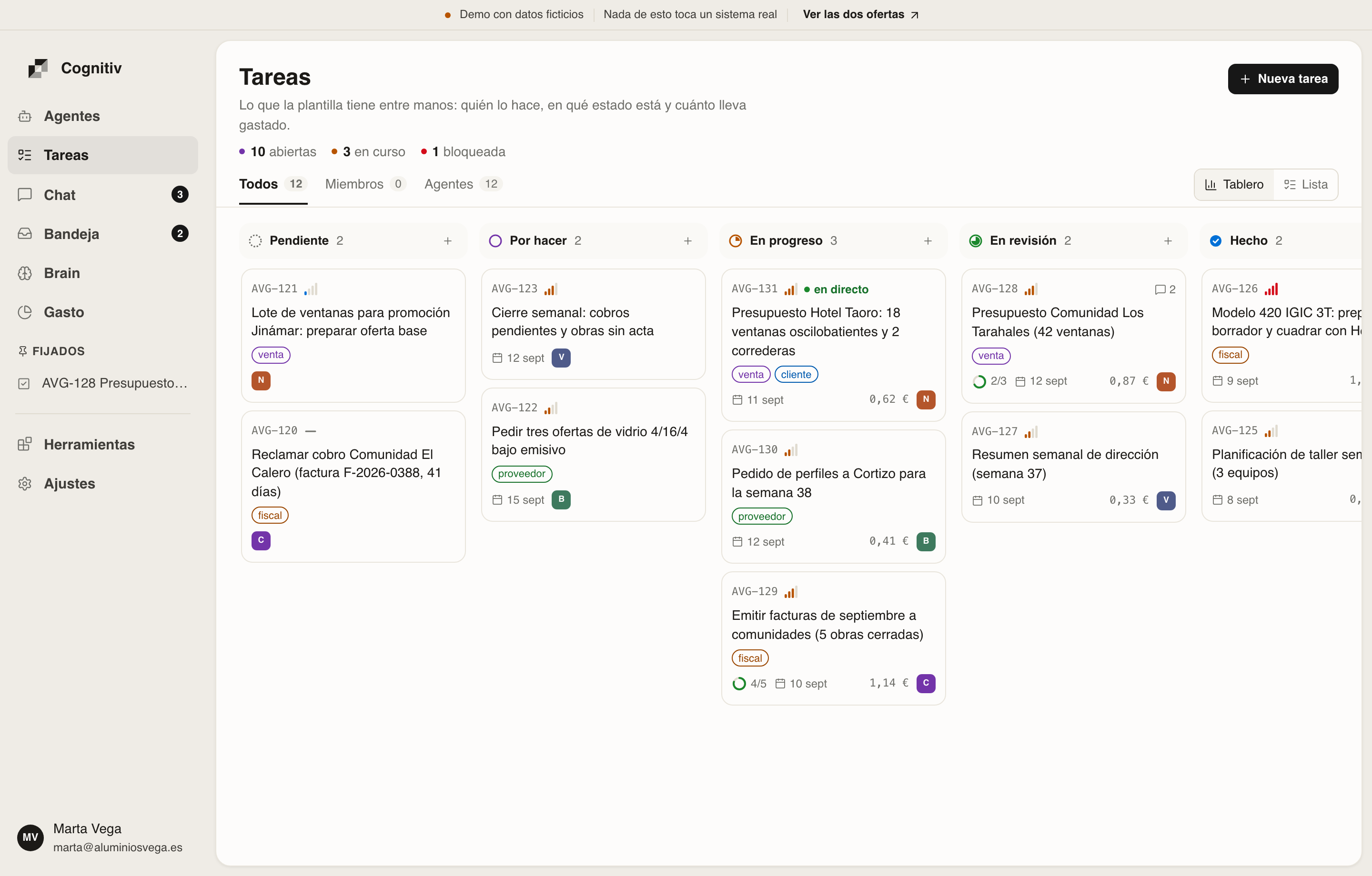 Espacio de tareas de Cognitiv con agentes, responsables, estados y trabajo recurrente